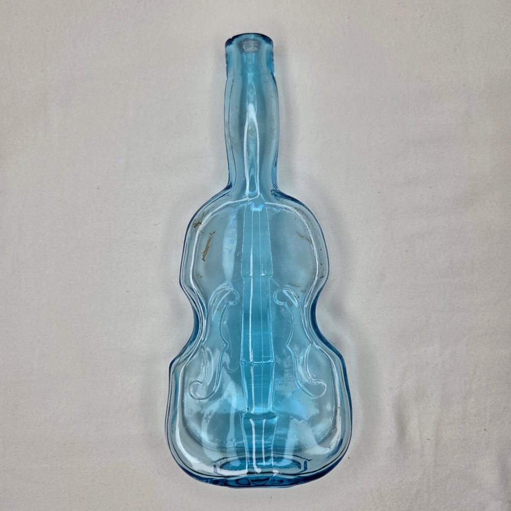 Vintage Teal Blue Glass Violin Shaped Figural Bottle Vase Mid-Century Amethyst